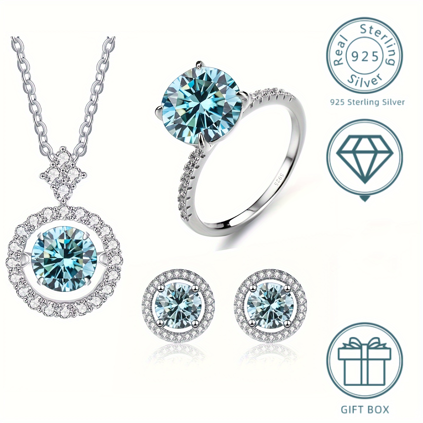 

4pcs 1ct*2 Moissanite Earrings + 1ct Moissanite Ring + 3ct Moissanite Necklace 925 Sterling Silver Jewelry Set With Gift Box