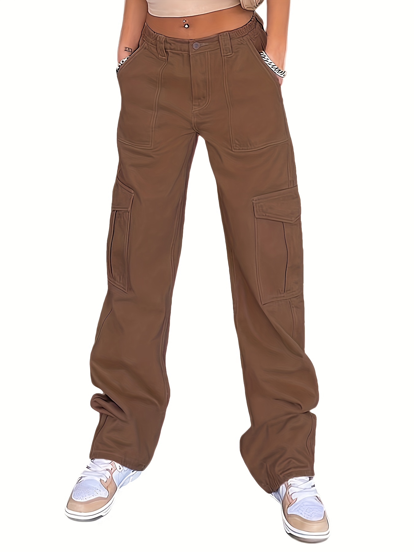 Khaki Flap Pockets Cargo Pants Loose Fit Non stretch - Temu United Arab  Emirates