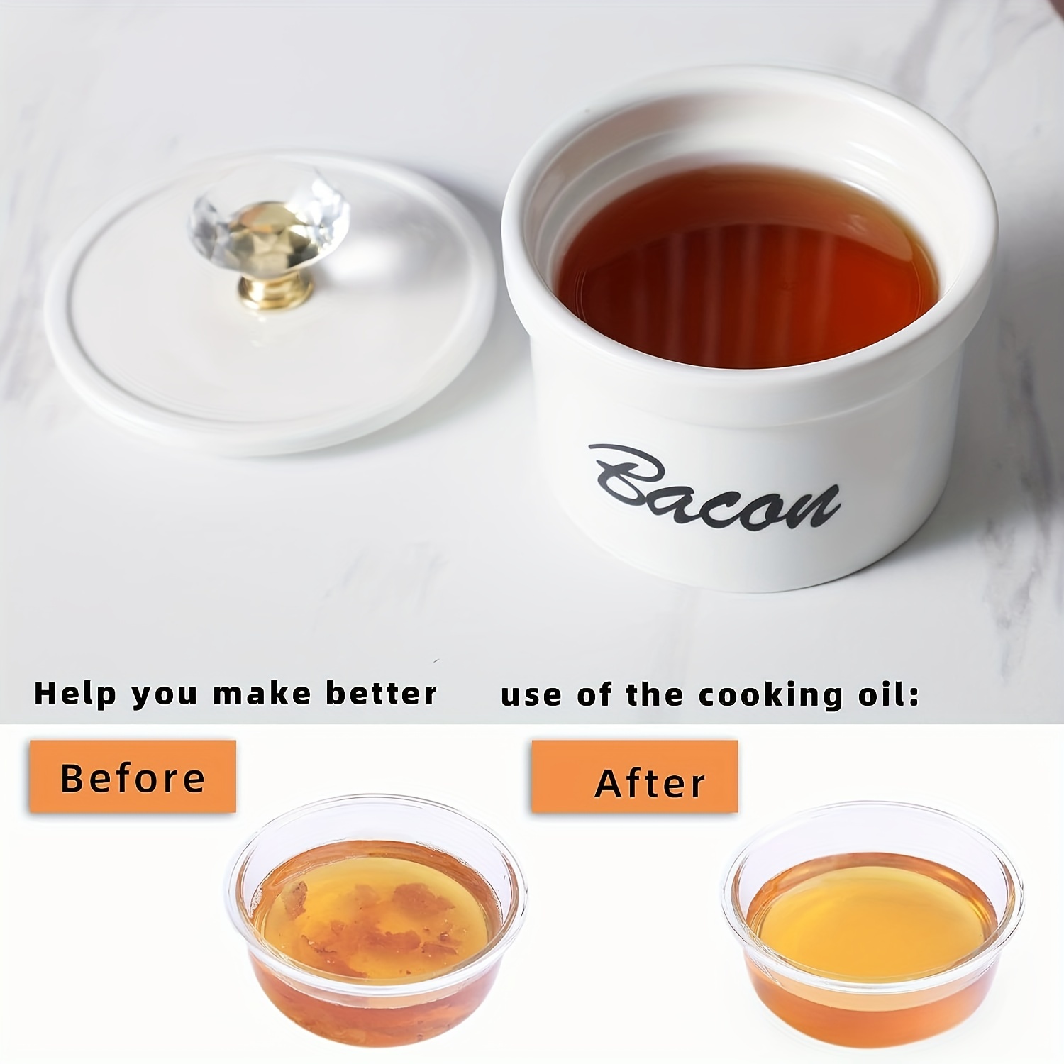 Bacon Grease Container Keeper with Crystal Lid and Strainer, 17 oz Ceramic  Gold