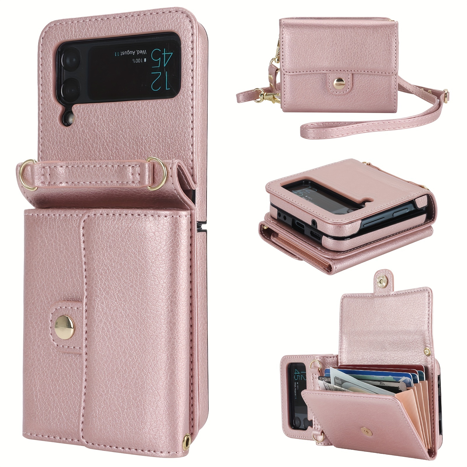 Leather Case for Samsung Galaxy Z Flip 5 Premium PU Leather Wallet Flip  Phone Case Cover with [Kickstand]&[3 Card Slots]&[Zipper  Pocket]&[Adjustable Strap],for Samsung Z Flip 5