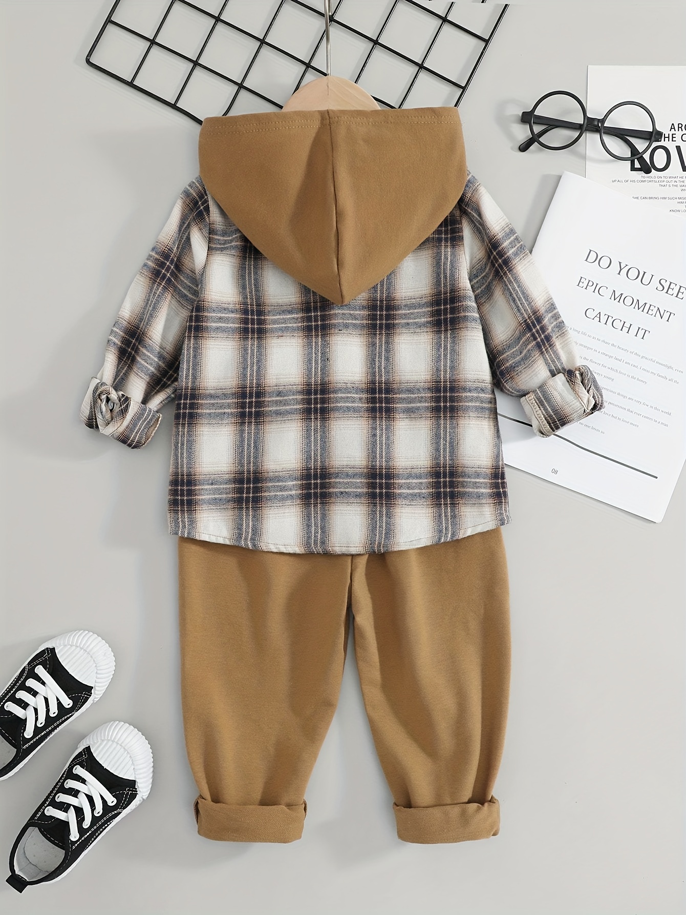 fashion boy 2pcs hooded jacket and daily casual pants with long sleeved plaid design fashion set details 1