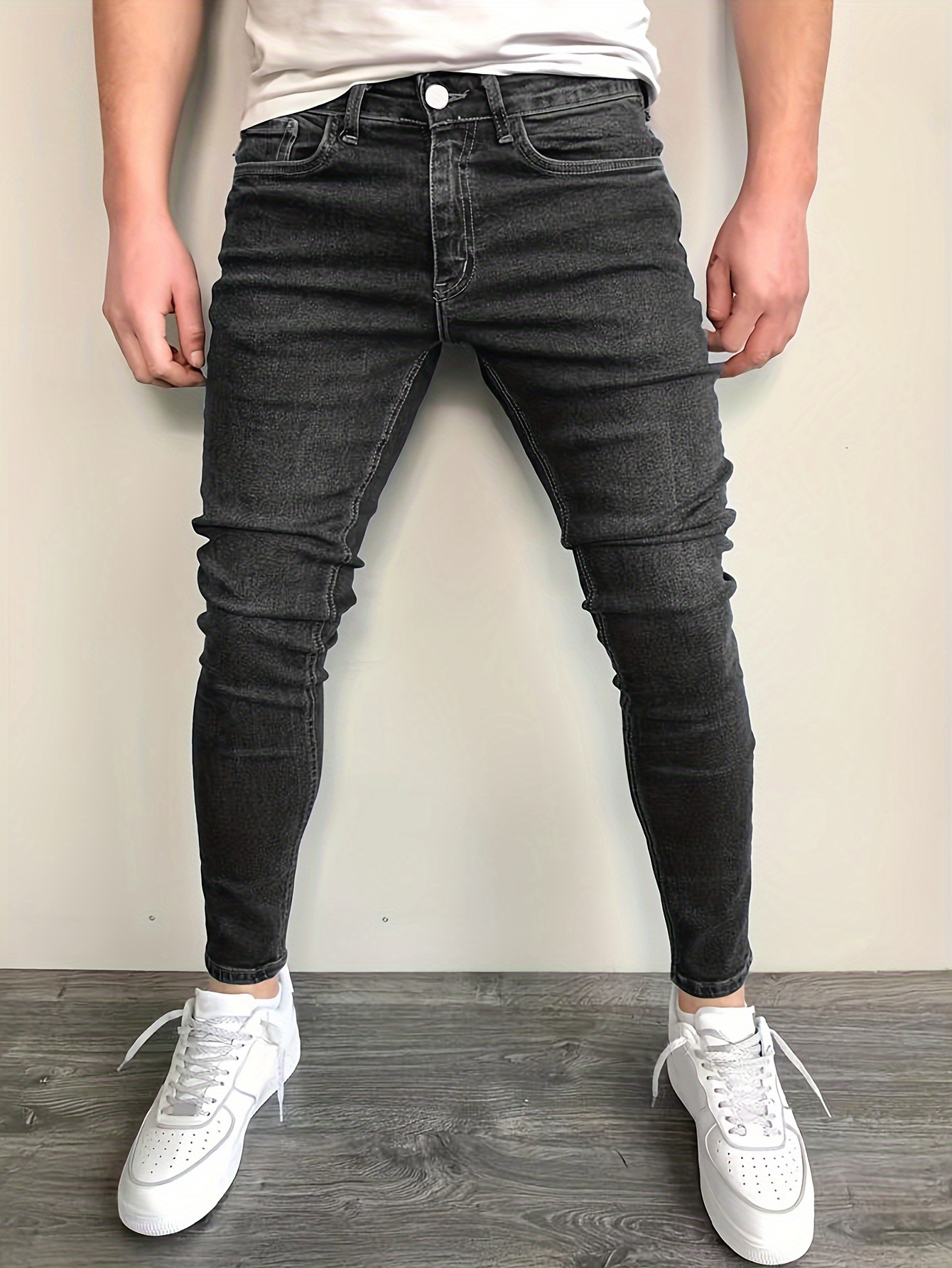 Slim Fit Cotton Jeans Men's Casual Street Style Solid Color - Temu