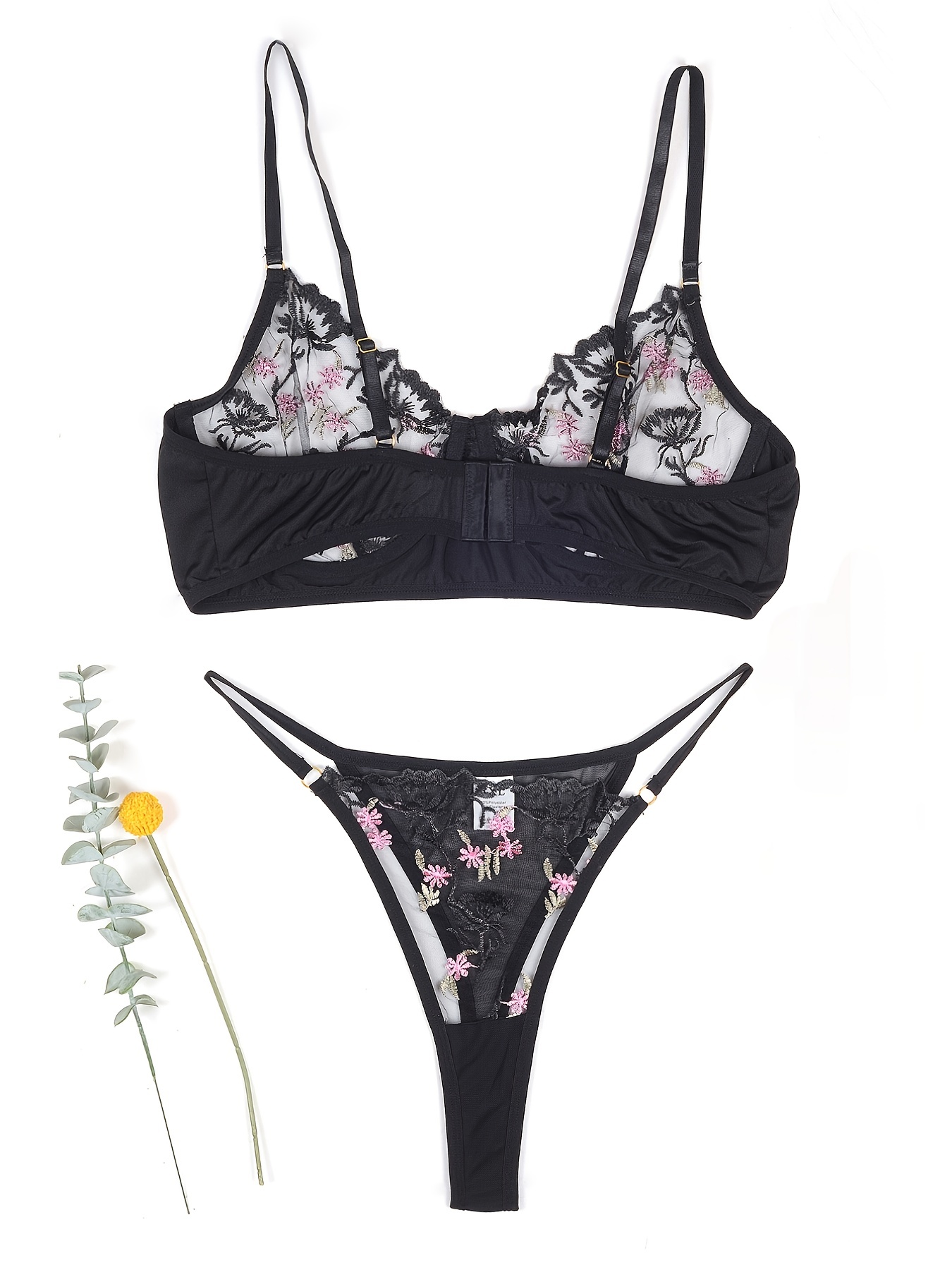 Plus Size Floral Embroidered Semi Sheer Bra Panty Sexy - Temu