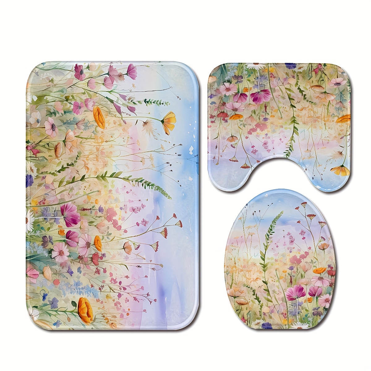 

3pcs/set Fresh Flower And Plants Printed Floor Mat, Three-piece Bathroom Mat Set, Non-slip Mat, Water-absorbent Mat, Toilet Lid Mat, Toilet U-shaped Mat, Floor Rugs