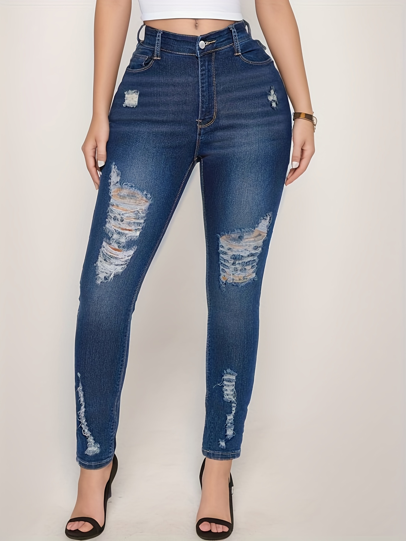 Dark Blue Ripped Skinny Jeans, Slim Fit Slash Pockets *-Stretch Versatile  Denim Pants, Women's Denim Jeans & Clothing