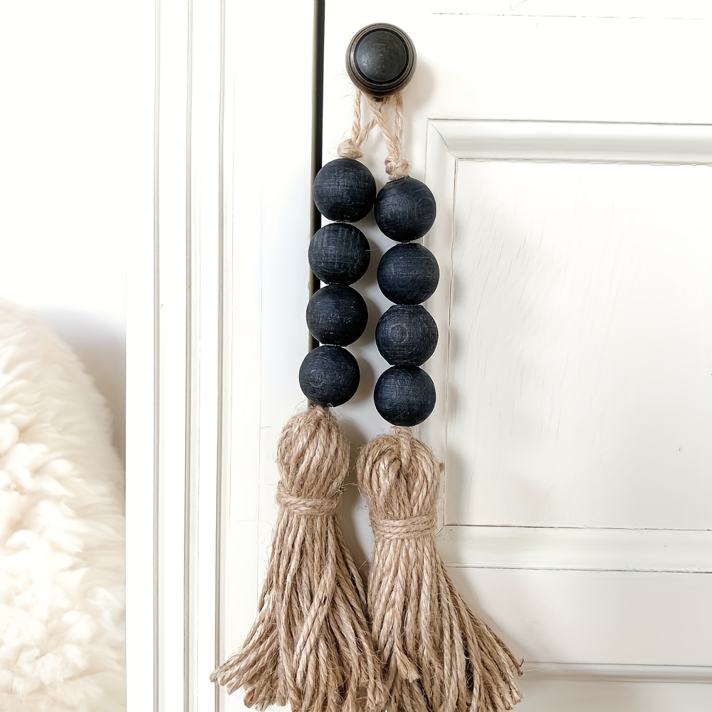 Wood Beads Garland Farmhouse Beads: Rustic Wooden Bead String with Tassels  Wood Beaded Banner Room Wall Hanging Tassels