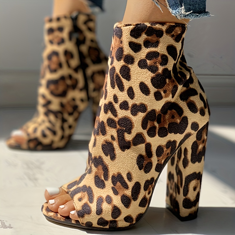 Women's Leopard Print Ankle Boots, Peep Toe Side Zipper Chunky Heel Boots,  Comfy Women's Daily Shoes