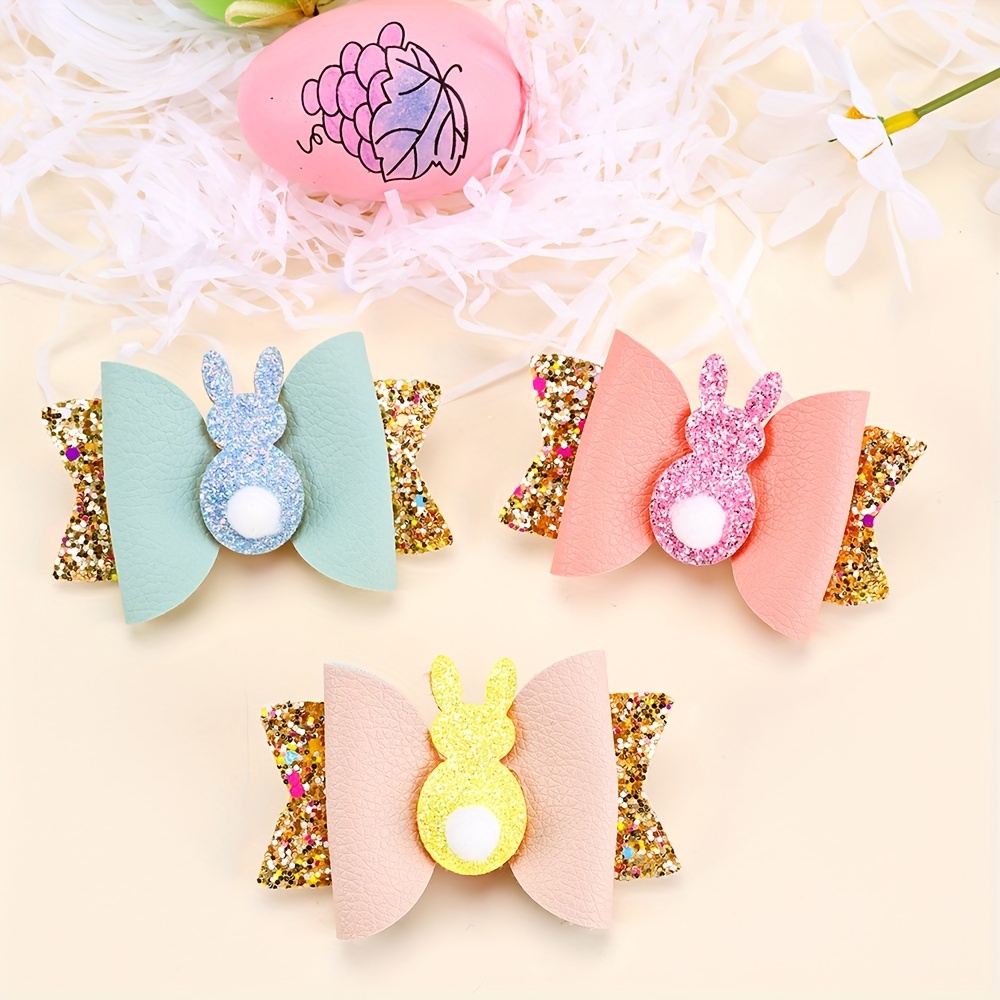 

3pcs Glittering Easter Bunny Bow Hair Clips - Cute Polyester Bow Hair Accessories For Teens, Non-textile Weave, Easter Party