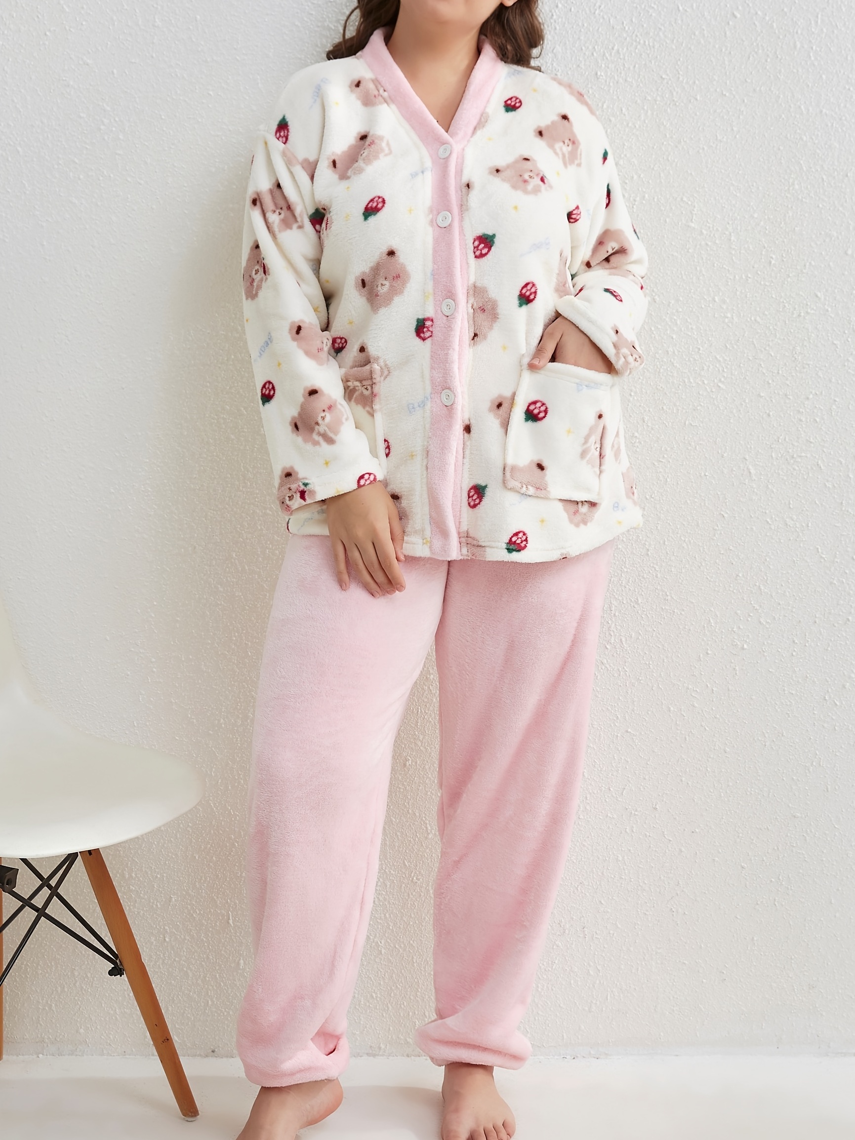 Plus Size Cute Pajama Set, Women's Plus Strawberry & Cartoon Bear Print  Long Sleeve Button Up Flannel Top With Pockets & Pants Home Wear Two Piece  Set