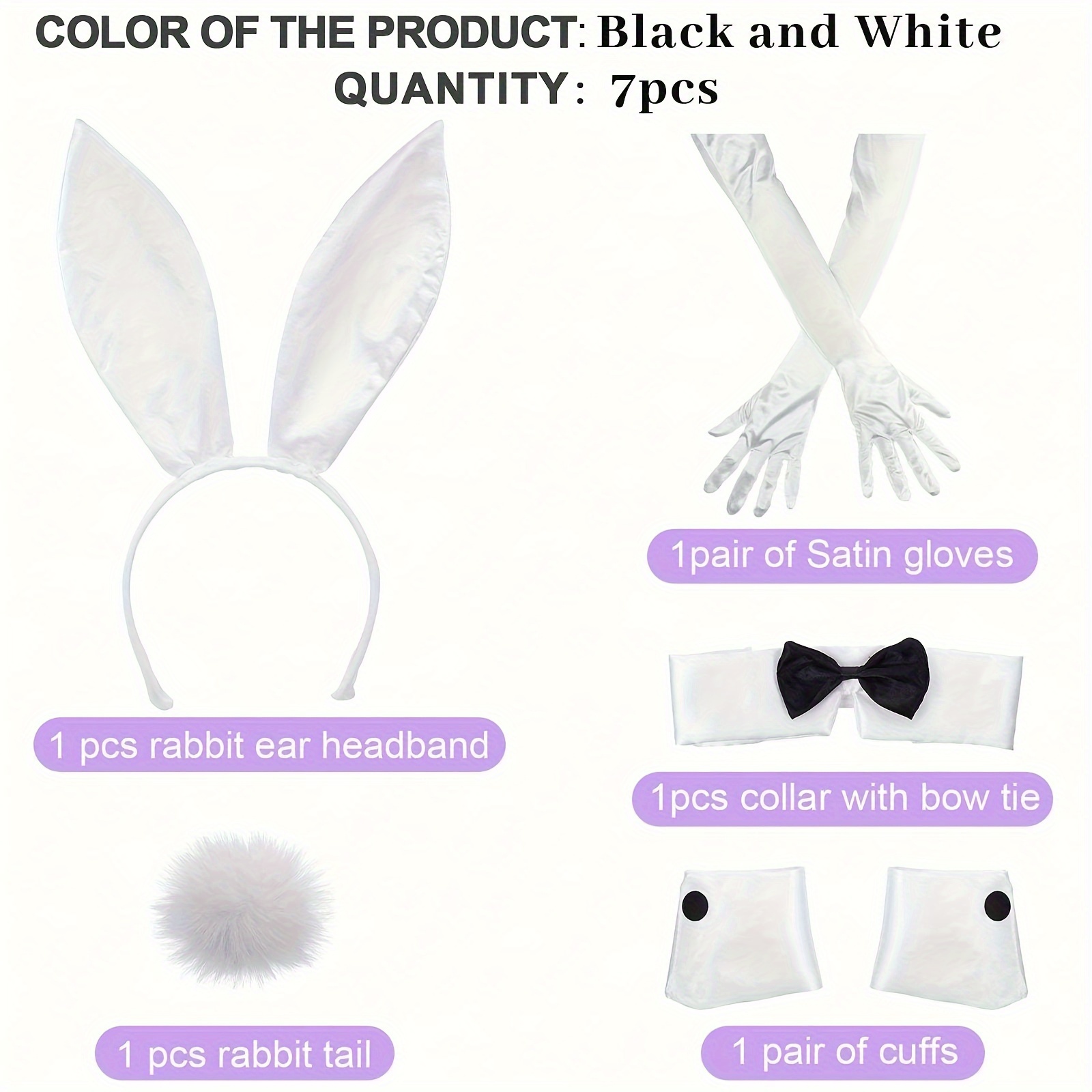 Women's Bunny Costume Set Rabbit Ear Headband Collar Bow Tie Costume Cuffs  Rabbit Tail for Easter Party