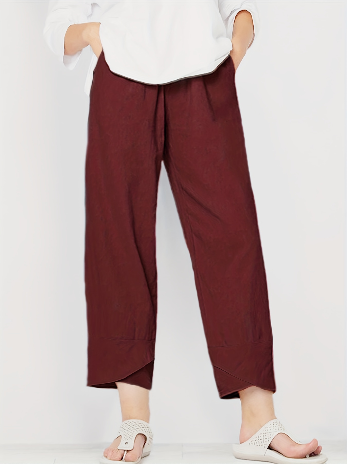 Women's Summer Trousers 7/8 Red Casual Elastic Waist Trousers for Women  Solid Comfortable Casual Cotton Linen Trousers with Pockets Short Trousers