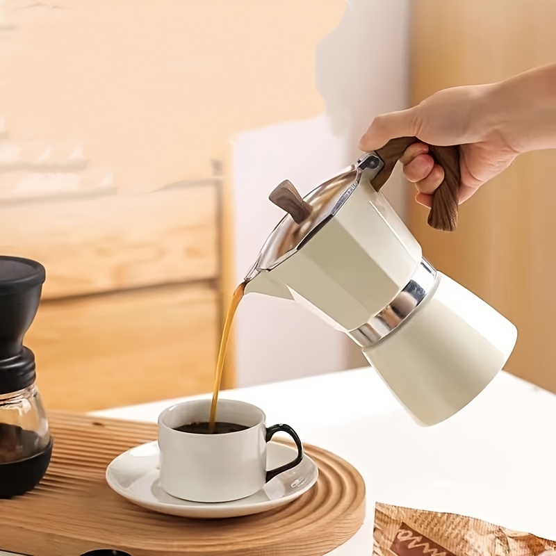 Portable Coffee Pot, Coffee Dispenser, Aluminum Coffee Pot with Wood Grain  Handle Moka Coffee Pot Outdoor Portable Coffee Maker Tool(150ML-Off-white)