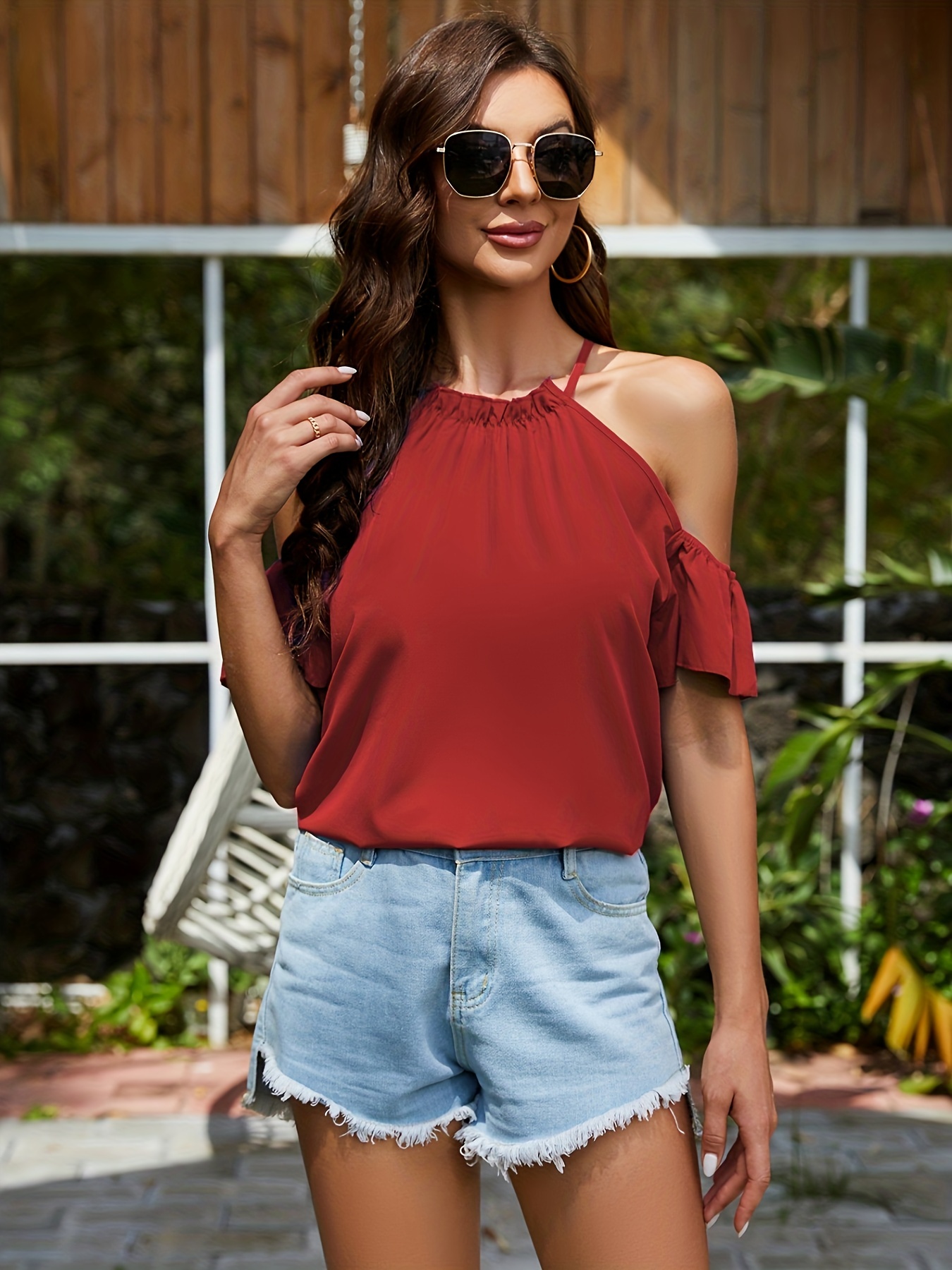 Red cold shoulder online blouse