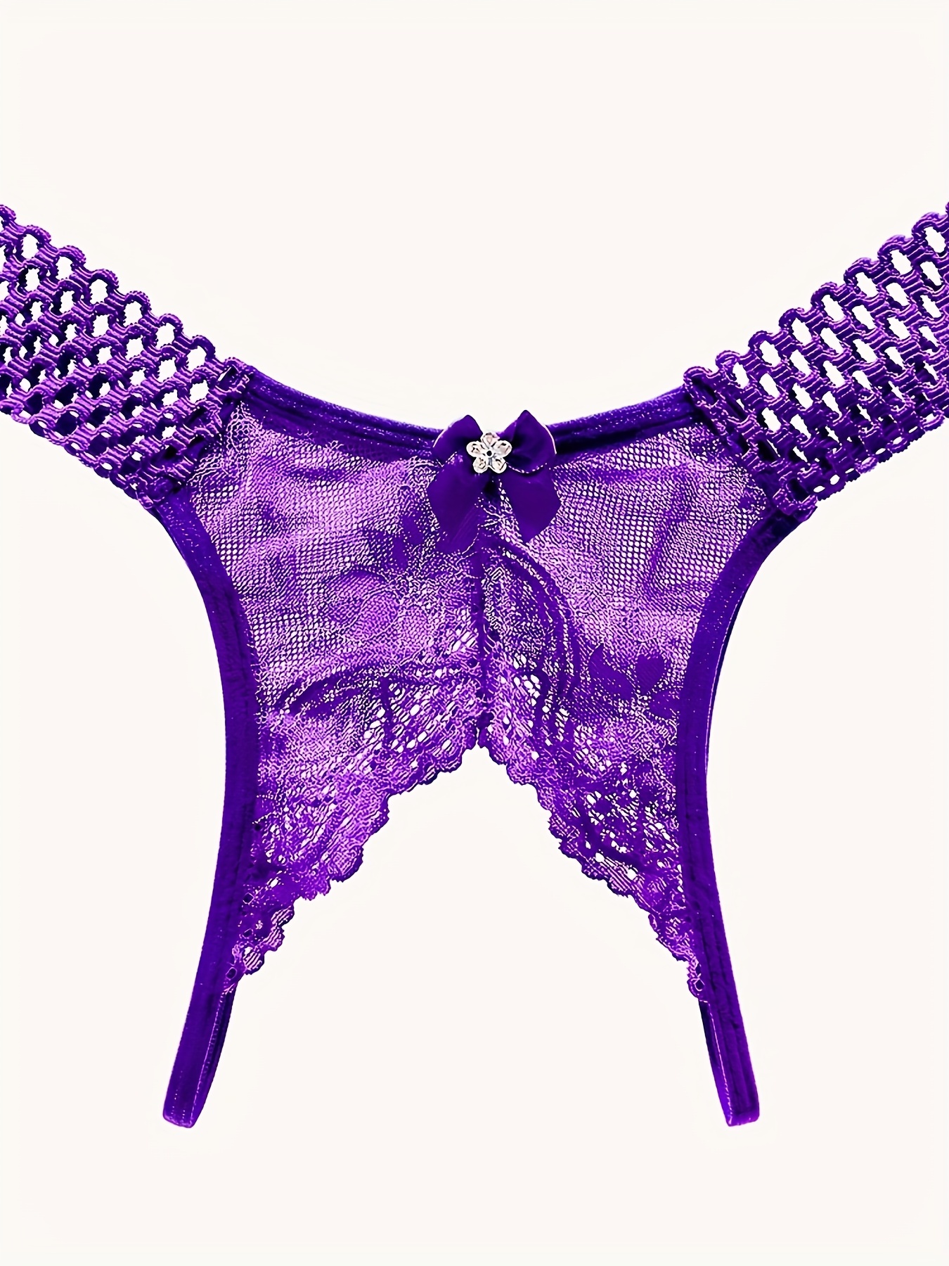 Crotchless Thong Panties in Soft Purple Stretch Lace 