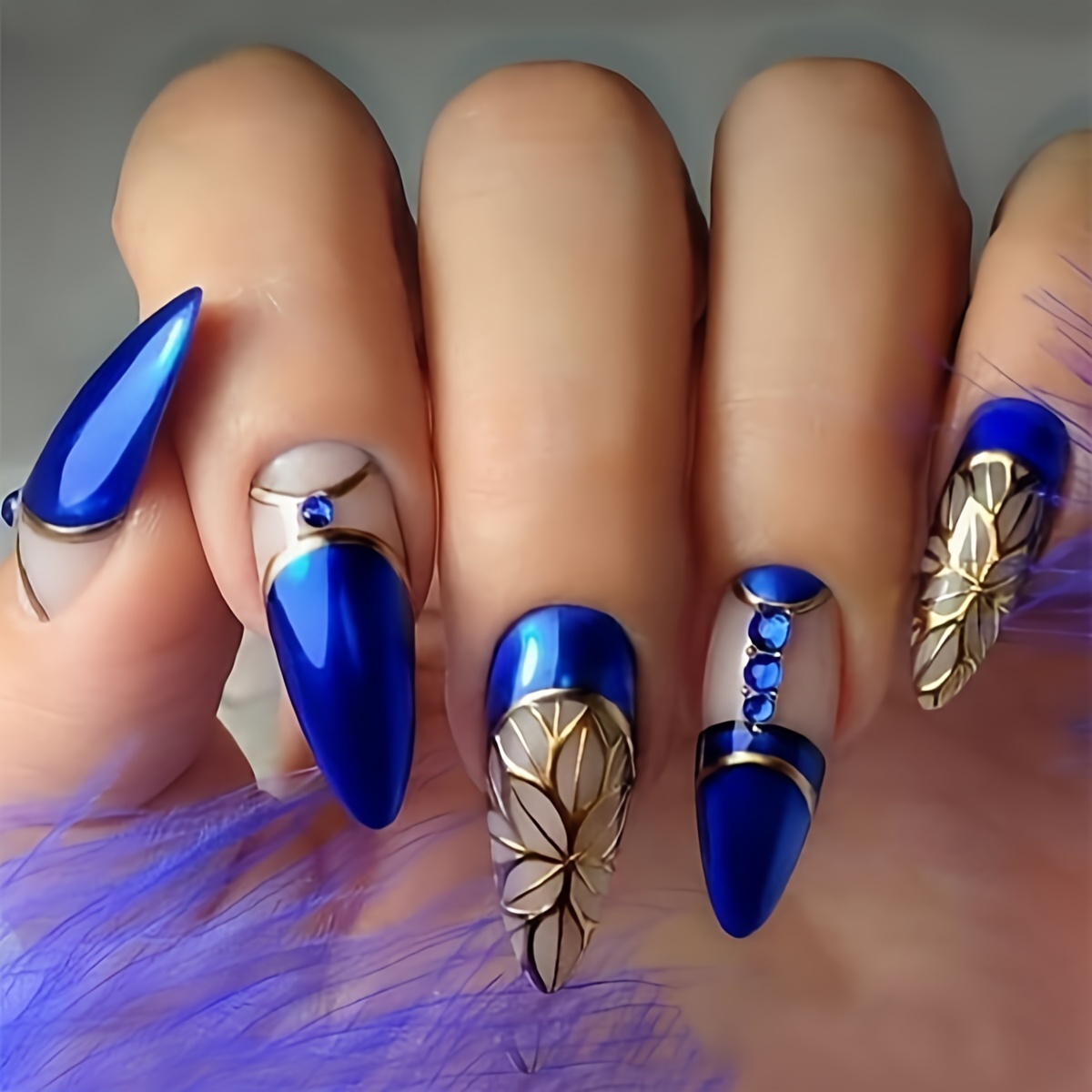 

24pcs Mid-length Almond Shape Press On Nails, Blue Fake Nail With Rhinestone Decor, Glitter Full Cover Nails For Women