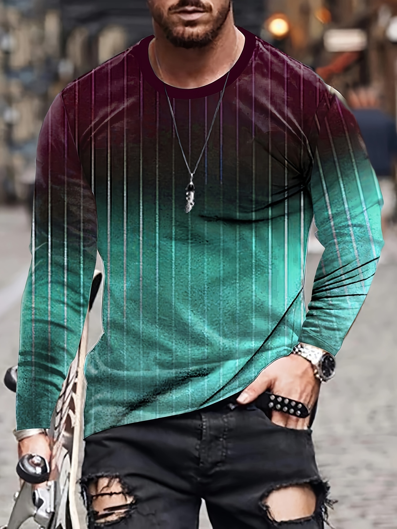 gradient color mens stripe long sleeve novelty t shirt stylish tees for autumn mens clothing details 3
