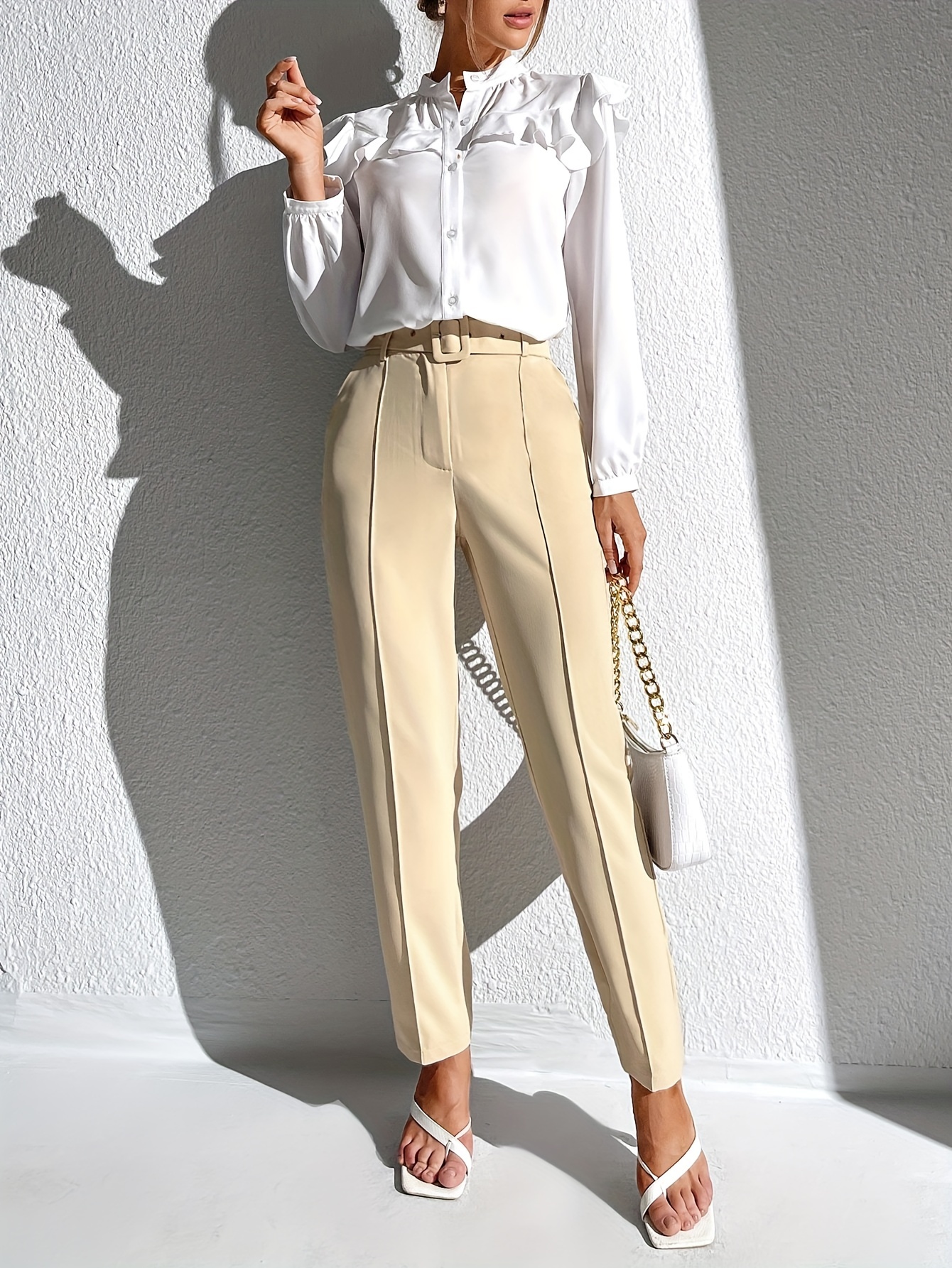 Pantalones ajustados de cintura alta, elegantes pantalones con bolsillo  inclinado y cinturón para el trabajo y la oficina, ropa de mujer