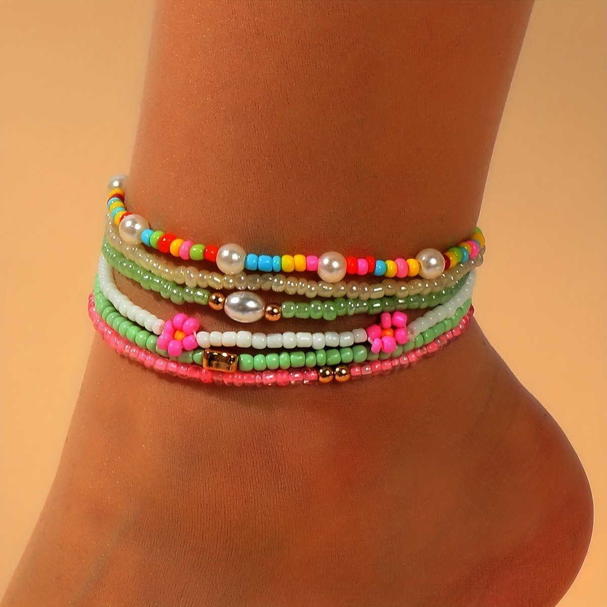 

6pcs Beaded Anklet Set With Colorful Mini Rice Beads Vintage Style Stackable Ankle Bracelet Set