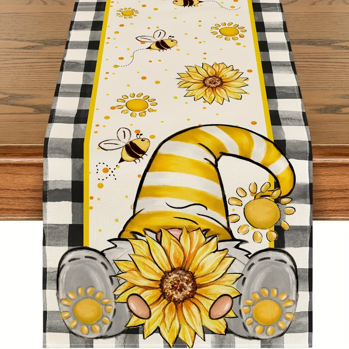 Image of 1pc Sunflower Gnome Bee Summer Table Runner, Seasonal Dining Table Decoration For Home Party Decor 13 X 48 Inch/13 X 72 Inch/13 X 108 Inch