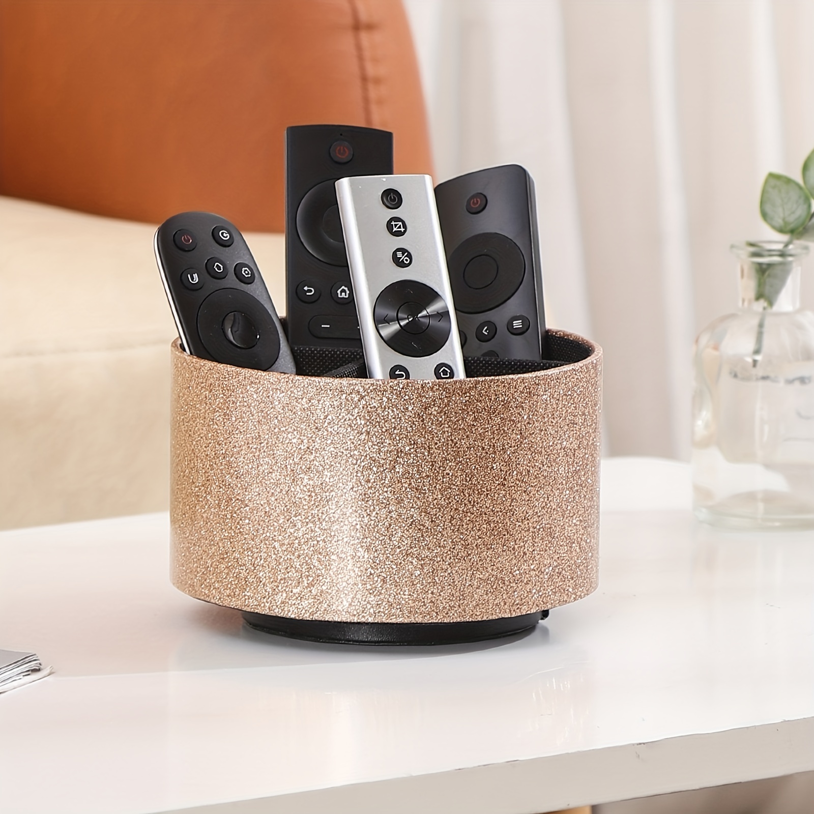 1pc Bling Leather Rotating Remote Control Holder, Round Shape Office Desk Organizer Makeup Brush Holder Tabletop Pen Holder Decor, Desk & Drawer Organizer For Home Storage