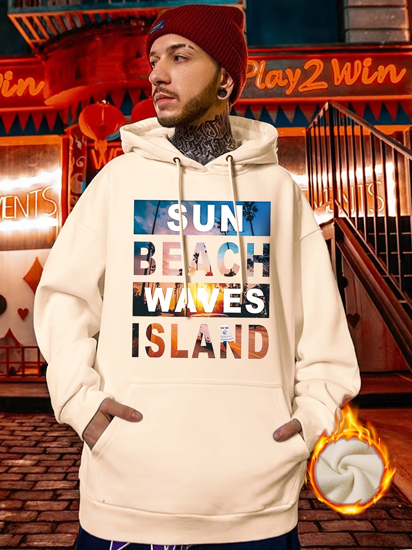 Men's Plus Size 'sun Beach Waves Sland' Print Plain Color - Temu