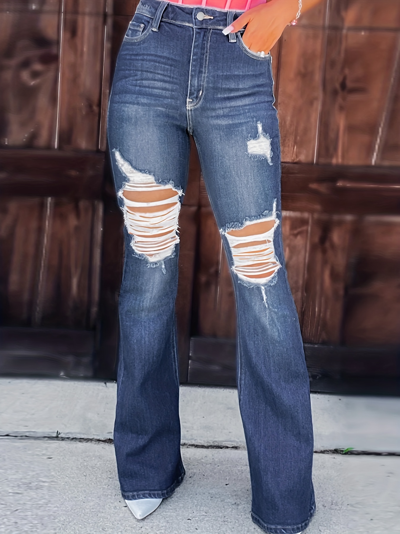 Plus Size Casual Jeans, Women's Plus Washed Button Fly Ripped High Rise  Flared Leg Jeans - Temu Latvia