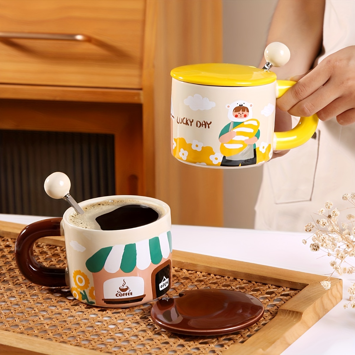 Animal Coffee Mug Cute Ceramic Cup With Lid Handle Spoon - Temu