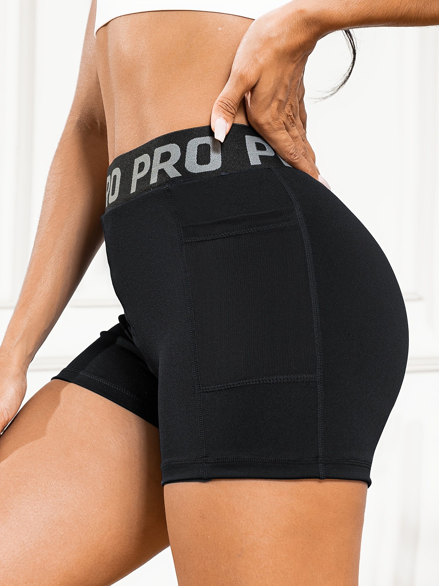 Letter Pattern High Waist Yoga Shorts With Pocket, High Stretch Butt Lifting Sports Running Workout Shorts, Women's Activewear