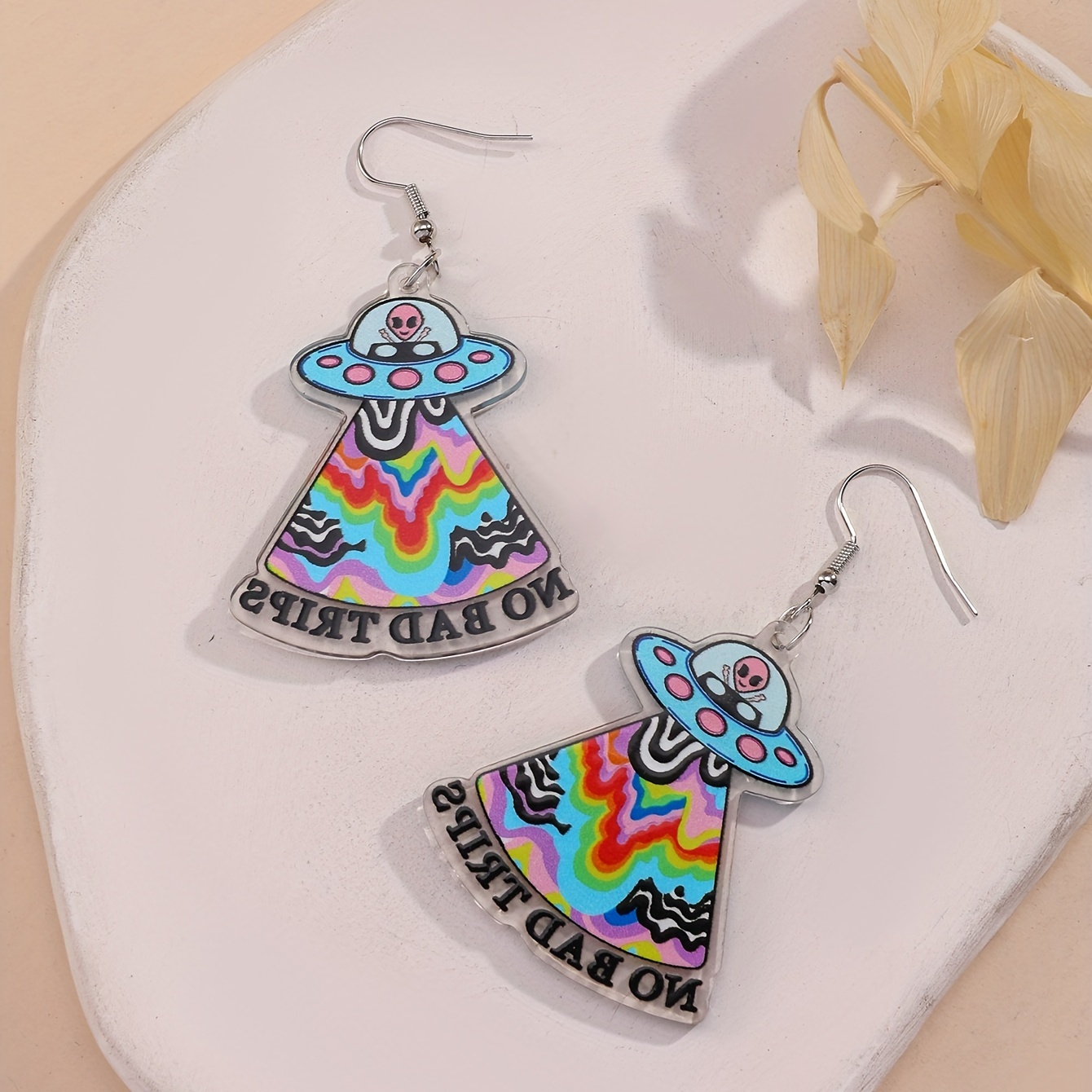 Rainbow Color Alien Ufo Design Dangle Earrings Cute Punk - Temu