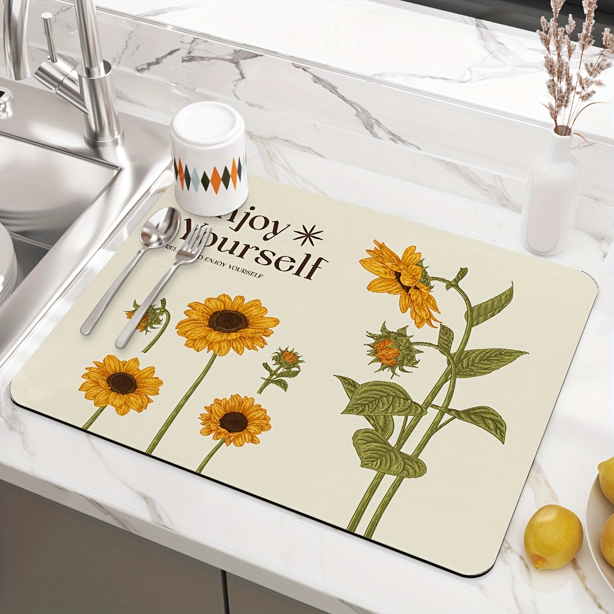 Dexi Dish Drying Mat For Kitchen Counter Floral Placemat, Non-slip