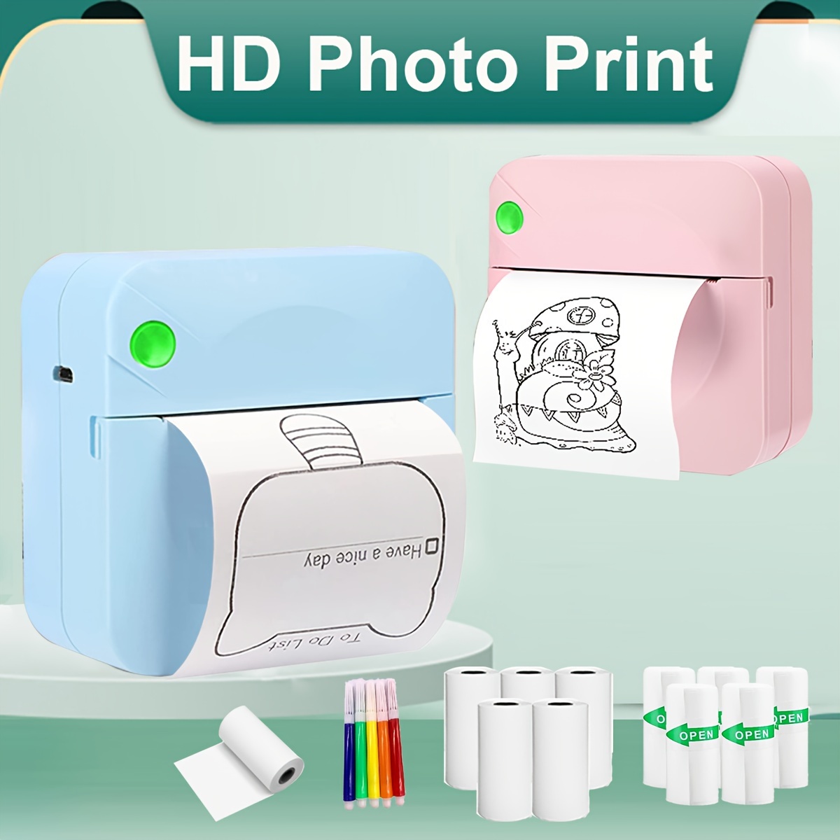 Mini impresora portátil, impresoras térmicas de bolsillo Bluetooth con 7  rollos de papel de impresión para smartphone, impresión sin tinta, regalo