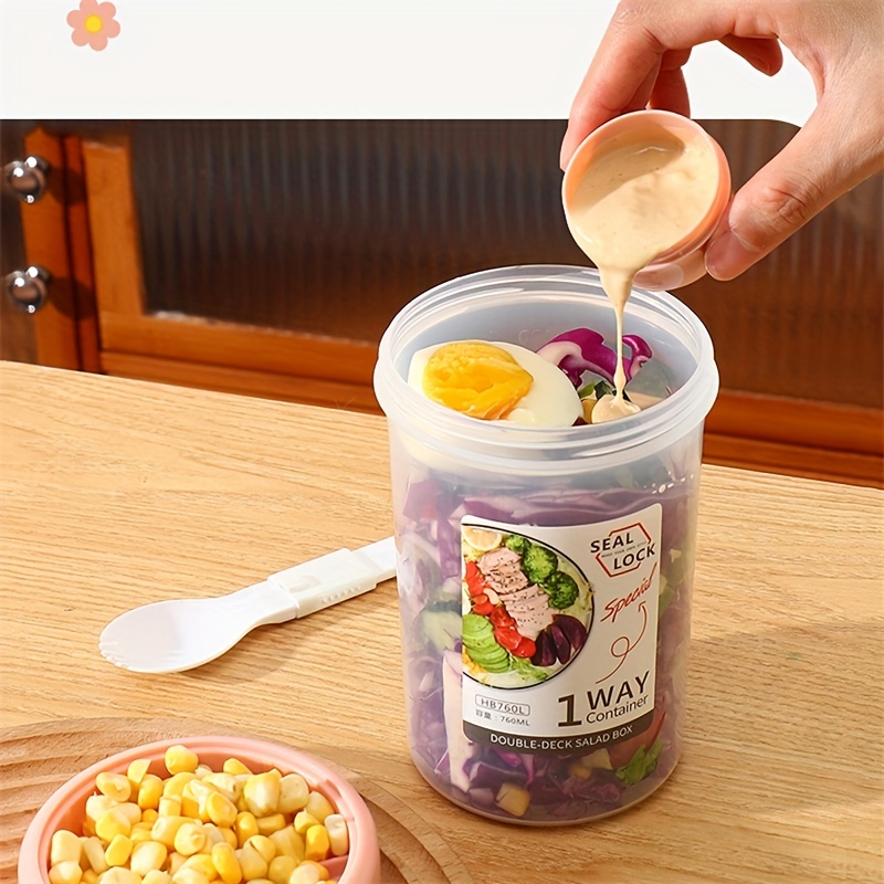 1pc Portable Plastic Salad Cup With Spoon, Fork & Lid For