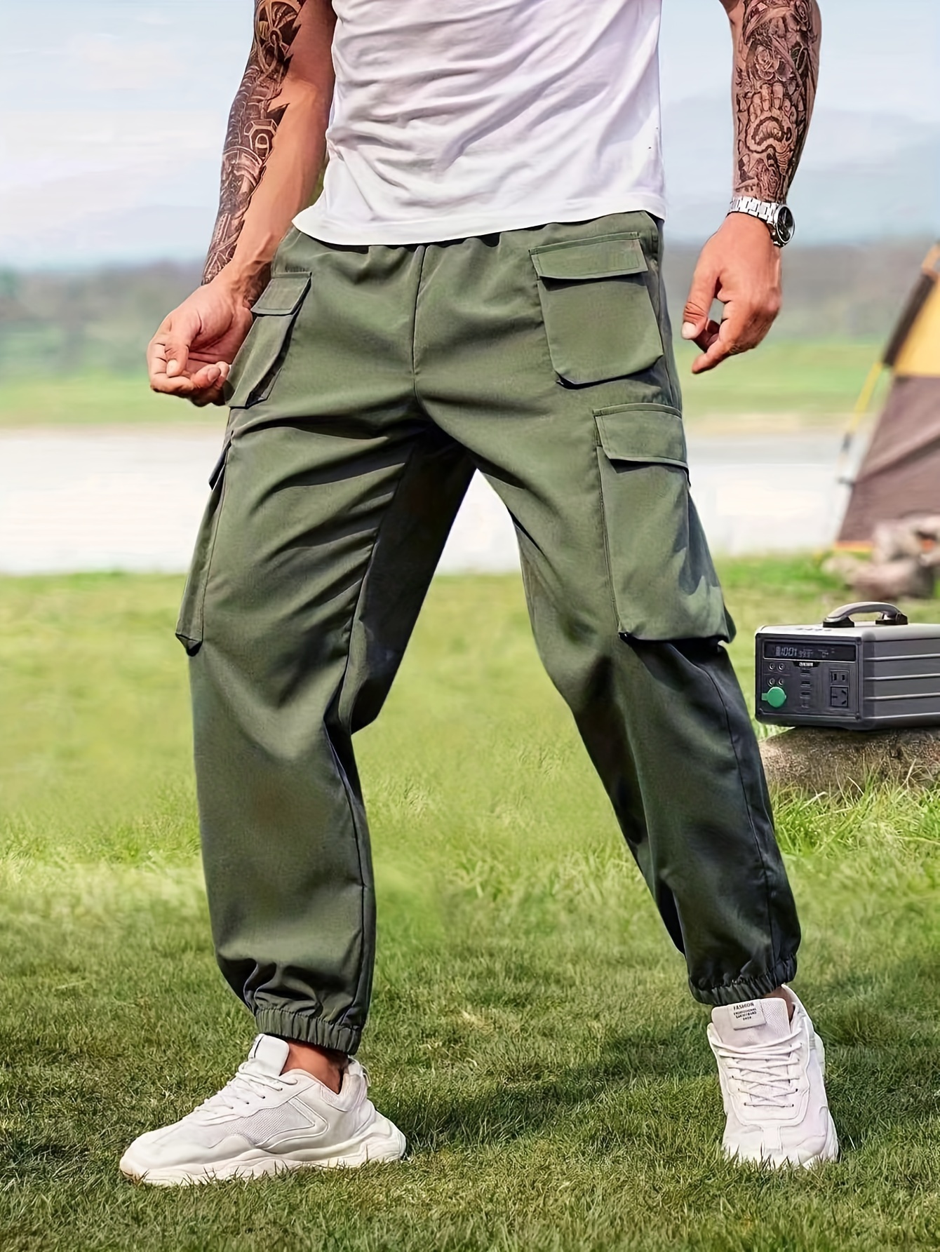 Trendy Solid Cropped Cargo Pants, Men's Multi Flap Pocket Trousers, Loose  Casual Outdoor Pants, Men's Work Pants Outdoors Streetwear Hip Hop Style