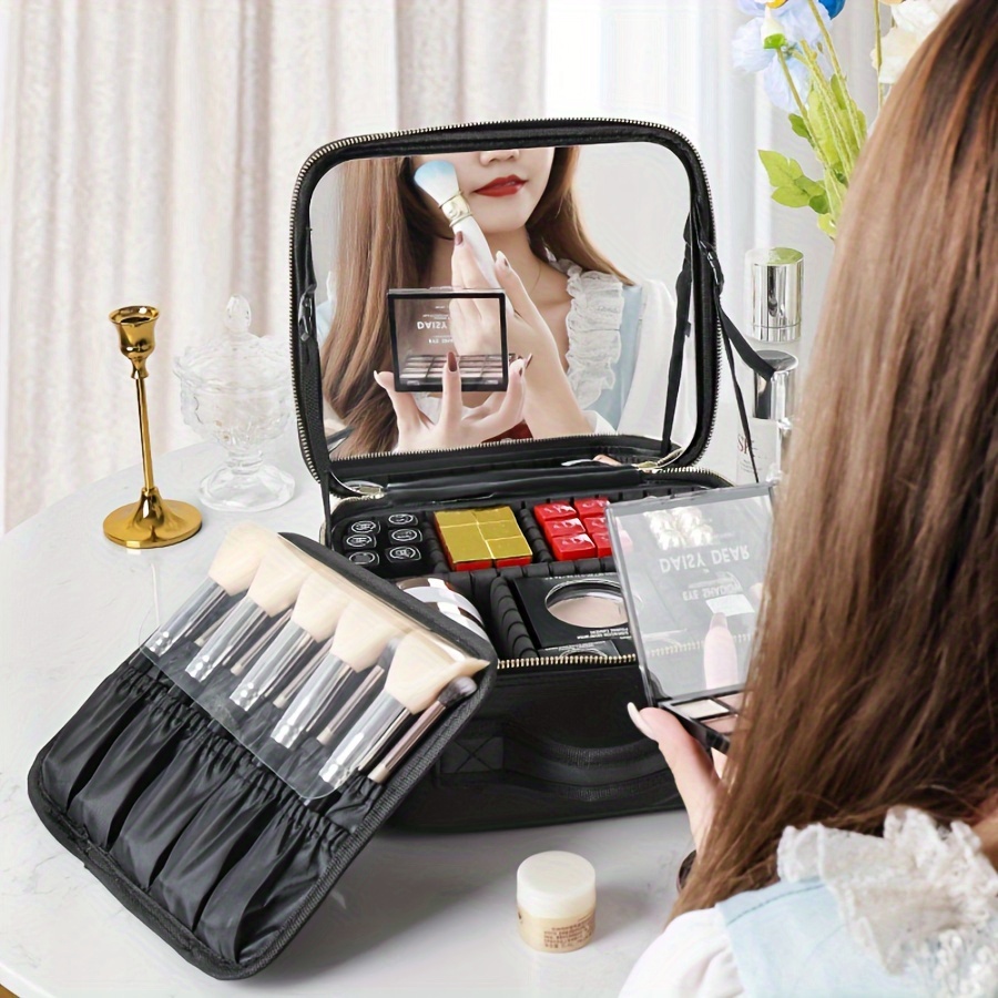 Estuche organizador de maquillaje con espejo iluminado extraíble, 3  escenarios de color, brillo ajustable, bolsa de viaje para cosméticos,  divisores