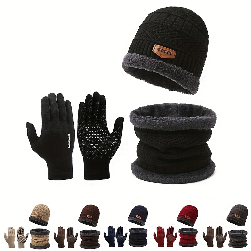 Winter Knit Beanie Hat Neck Warmer Gloves Set, Fleece Lined Skull Cap Infinity Scarves Touch Screen Mittens for Men Women (Black)