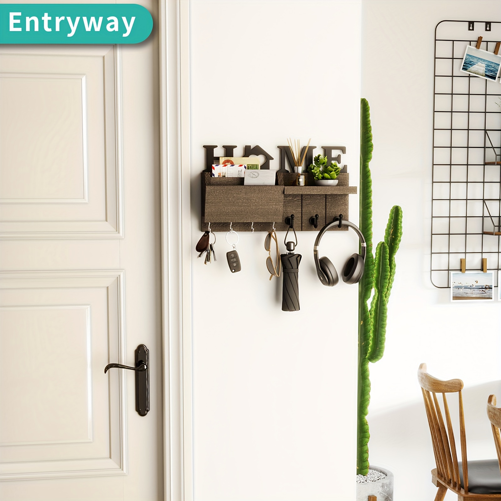 Wooden Wall-Mounted Key Holder Set with 7 Hooks for Keys and Mail