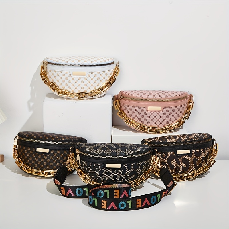 Jacquard Fanny Pack With Coin Purse, Chain Decor Chest Bag, Women's Geo  Strap Crossbody Bag - Temu