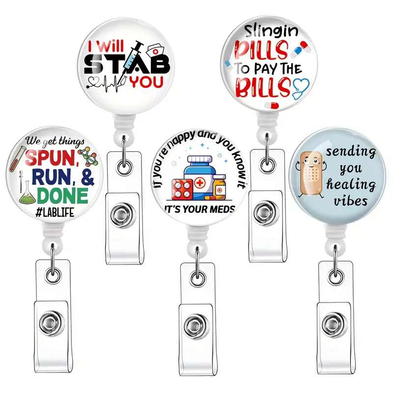 5pcs Pharmacy Badge Reels Retractable Badge Holders, Id Badge Holder  Retractable Clip, Funny Badge Reel Cute Badge Reel Nurse Badge Reel  Accessories