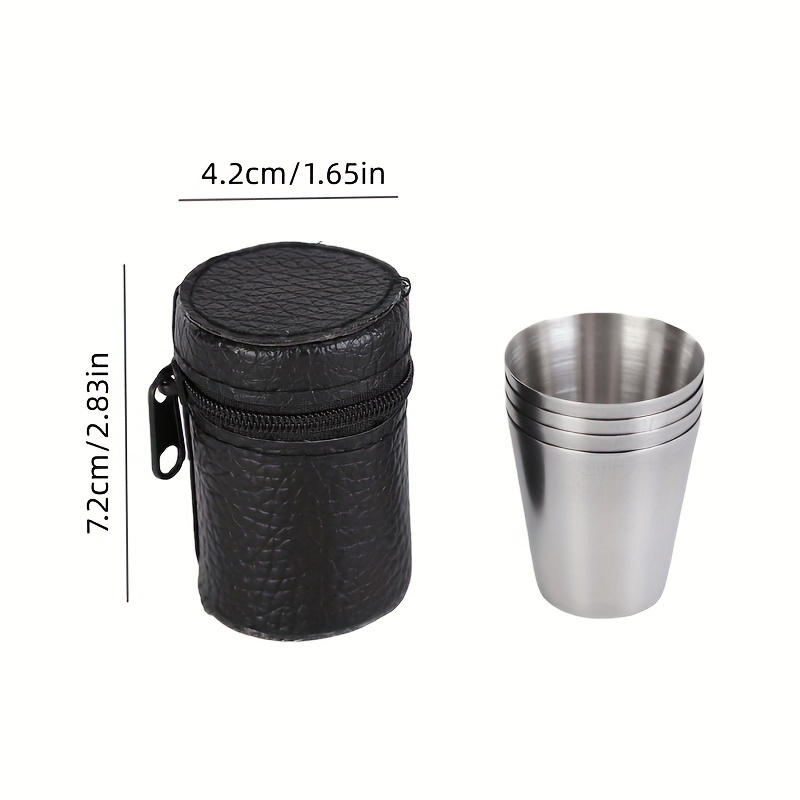 Stainless Steel Shot Cups, Set of 4 Cups, Metal Shot Glasses, Stackable,  Hip Flask Small with Leather Bag for Outdoor 