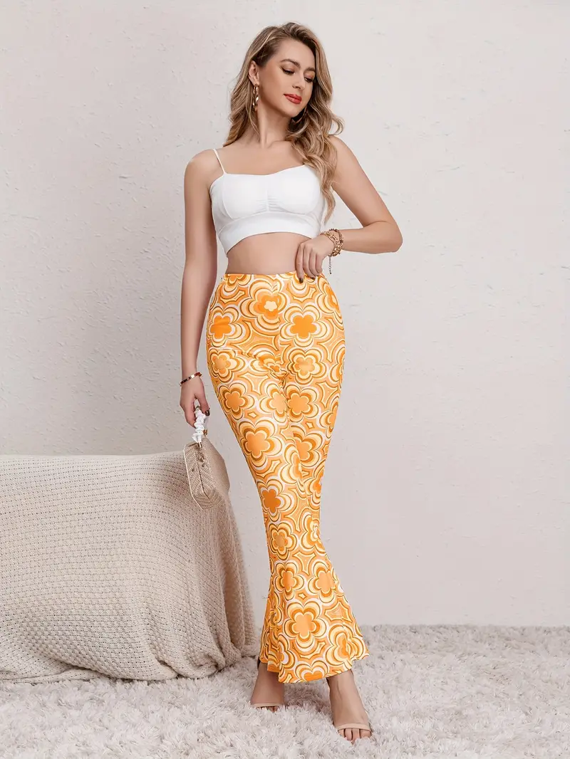 Floral Print Flare Leg Pants, Boho Forbidden Pants For Spring