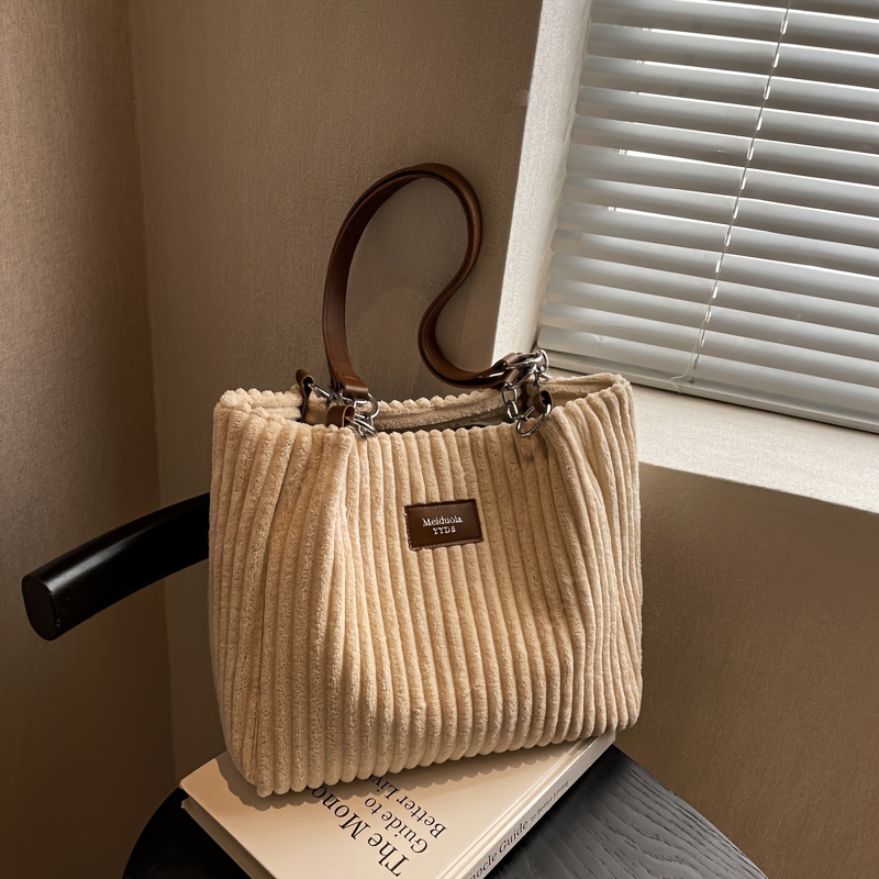 

Fashion Corduroy Tote Bag, Solid Color Shoulder Bag, Women's Casual Handbag For Commute Work