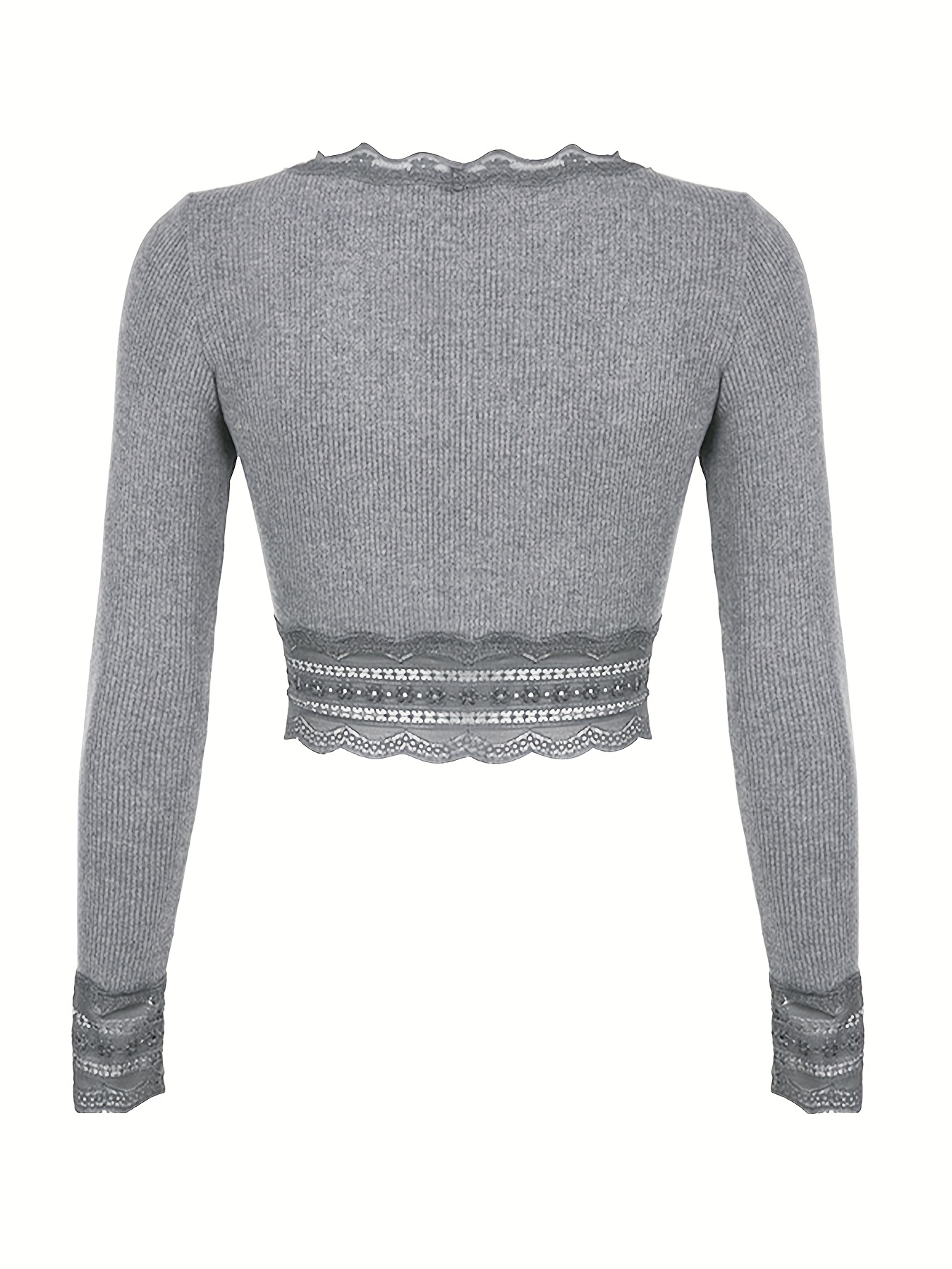 Lace Contrast Crop Top Y2k Knitted Crew Neck Long Sleeve - Temu