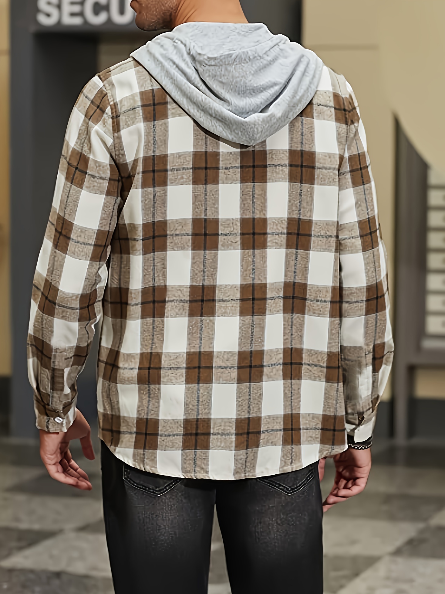 Men's Plaid Hooded Blouse, Long Sleeve Hooded Shirt