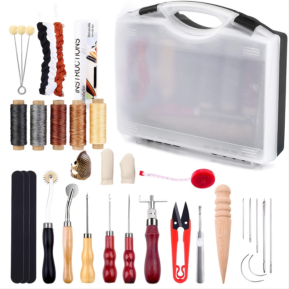 [Professional Leatherworking Tool Set - Includes Thimble Measuring Tape and  Awl for DIY Hand Sewing Crafts]