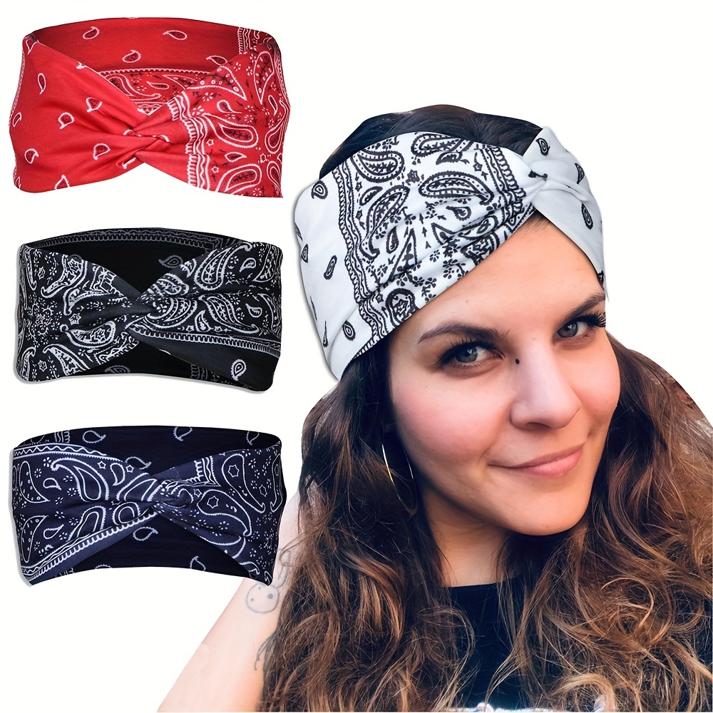 Boho Wide Brim Headbands Floral Elastic Sweatband