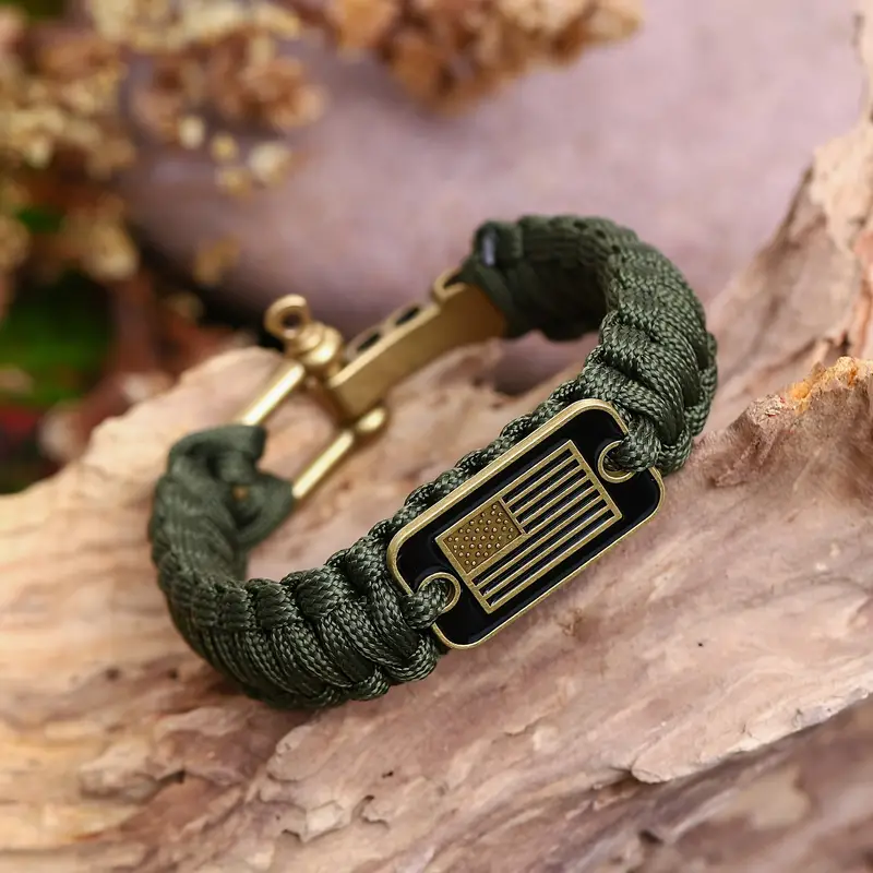 1pc American Flag Charm Paracord Outdoor Survival Camouflage Color Men Bracelet with Adjustable Buckle,Temu