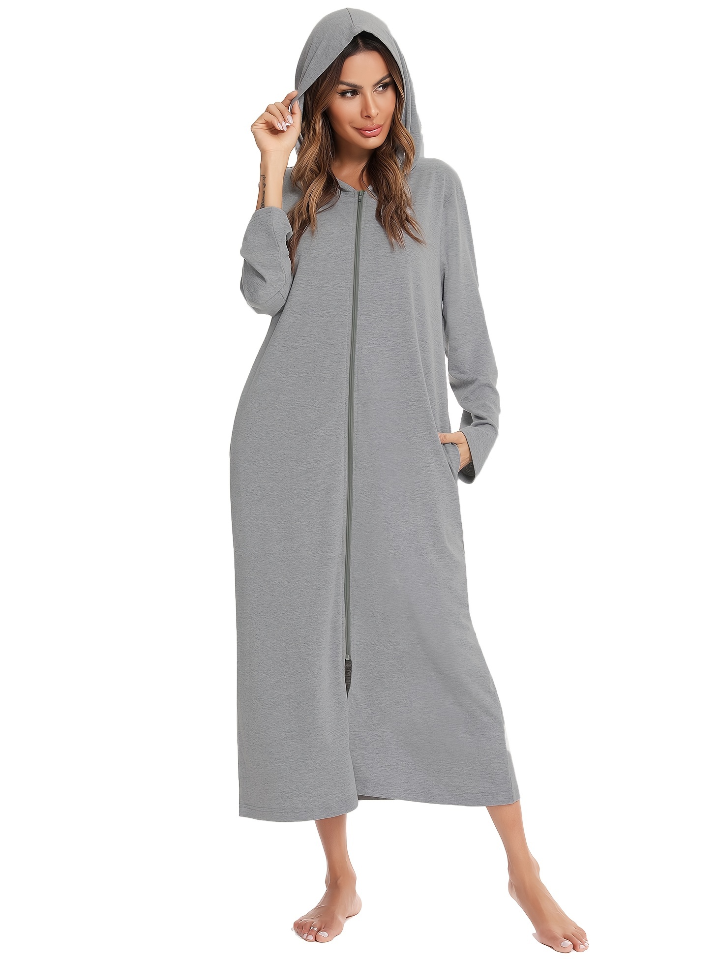 Solid Hooded Zip Lounge Dresses Soft Comfy Long Sleeve Home Temu