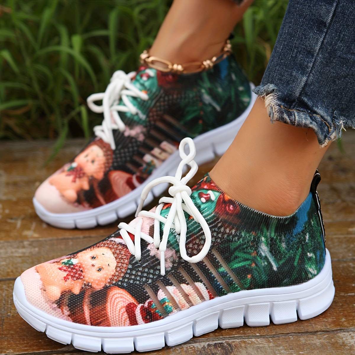 Women's Cartoon Print Knitted Sneakers, Slip On Shock Absorption