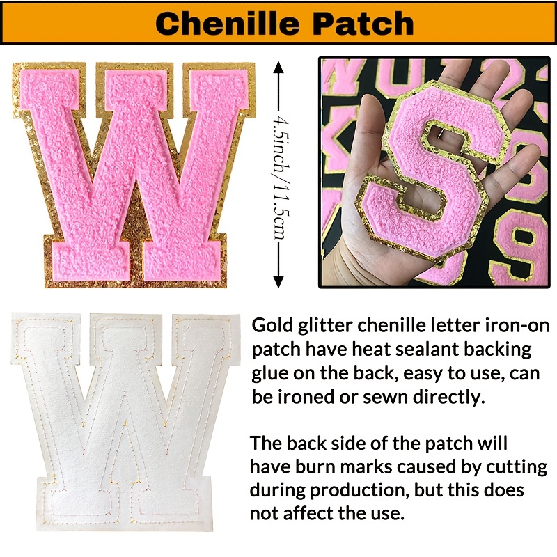 3 Pack Chenille Iron On Glitter Varsity Letter S Patches - Pink
