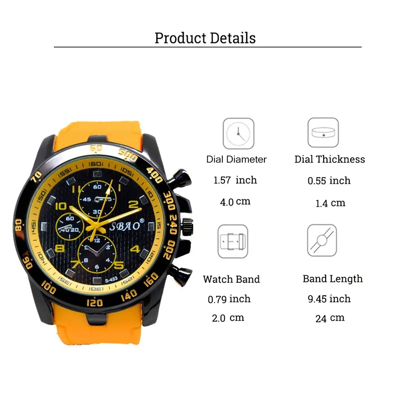 round analog dial yellow silicone strap quartz watch casual mens wristwatch trendy details 4